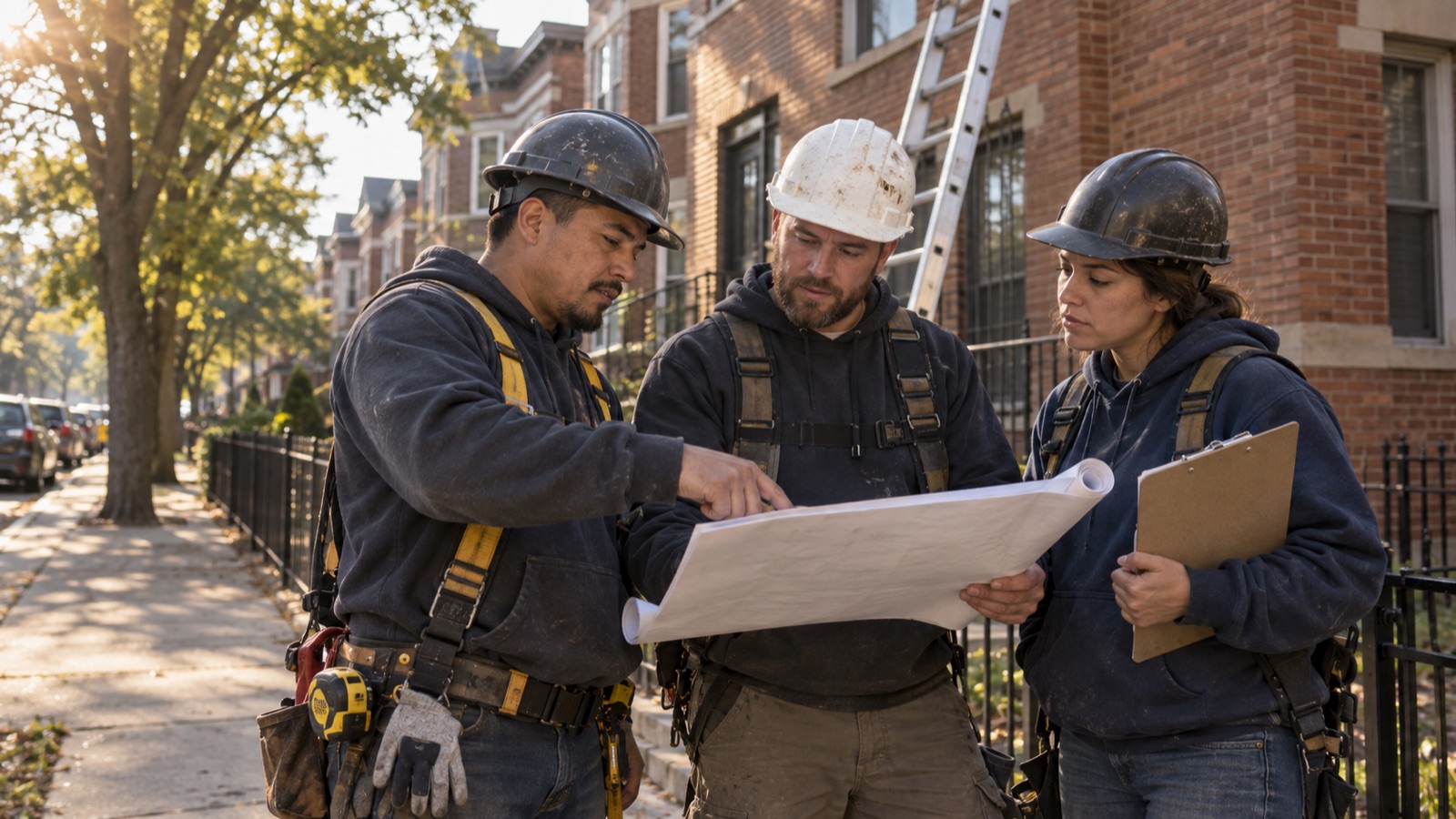 Roofing professionals reviewing a plan together beside a Chicago brick building